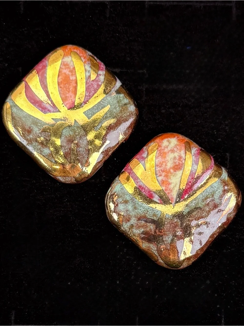 Vintage ceramic goldtone multicolored custom square pierced earrings